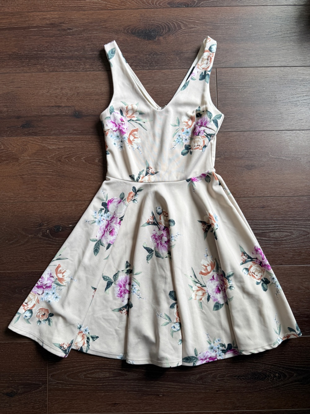 Soprano Cream Midi Fit-and-Flare Dress with Pink & Peach Floral Print